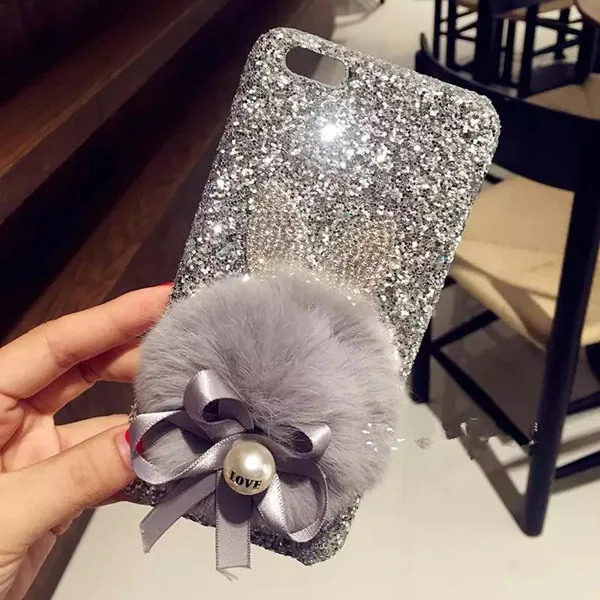 

For iPhone 6 6S 7 8 Plus X Luxury Glitter Fashion Bling Ear Cute Tail Bow bunny Fur Ball hard Phone case Back Cover Handmade