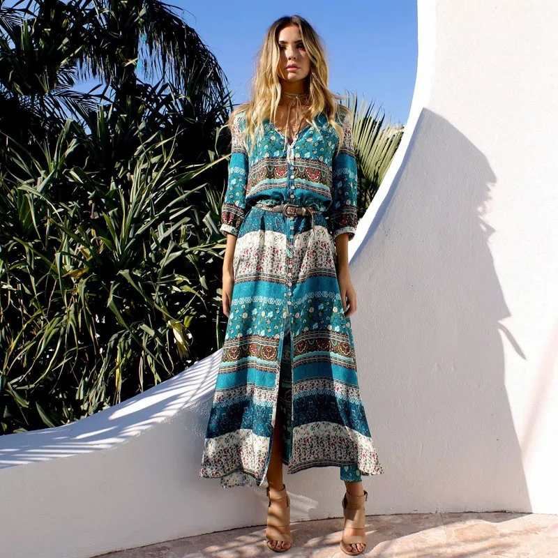 Wonder 2019 Vintage Boho Floral Print Long Dresse Women V Neck Summer Beach Maxi Split Dress Robe Femme Vestidos Mujer Plus Size