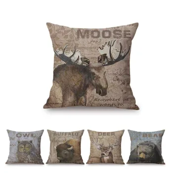 

Vintage Woodland Fox Buffalo Elk Deer Bear Owl Moose Animal Throw Pillow Case For Home Decoration Retro Sofa Linen Cushion Cover