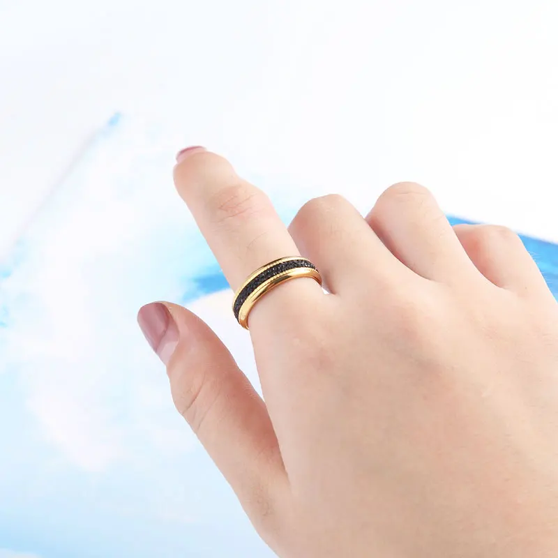 Gold Color Rings Stainless Steel Ring Finger Ring Gold Color Ring Zircon Crystal Ring Middle Double Circle Black Zircon Ring Stainless Steel Love Brand Gold Color Jewelry Woman Ring