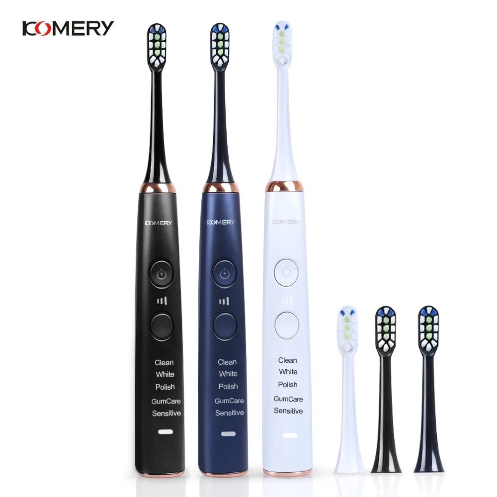  KOMERY New Electric Toothbrush Waterproof IPX7 5 Modes 3 Intensities 50000 Strokes/min 4 Pcs DuPont