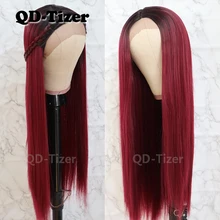 QD-Tizer шелковистые прямые волосы парик фронта шнурка Ombre Цвет Gluless термостойкий# 1b/Красный синтетический парик фронта шнурка для черных женщин