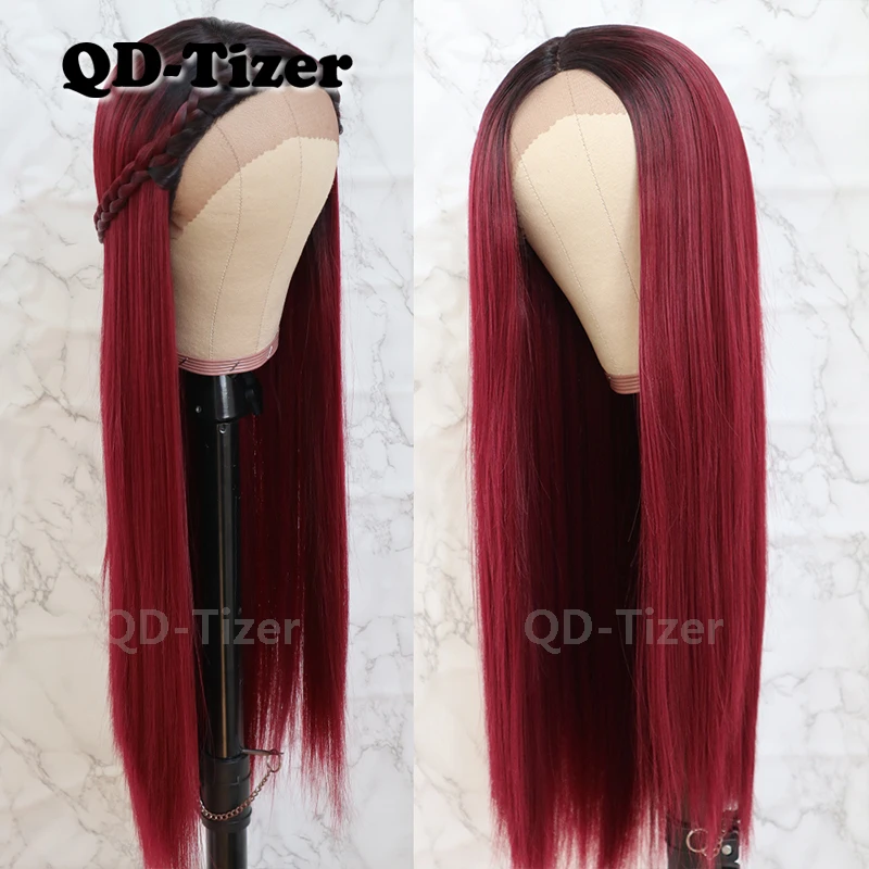

QD-Tizer Silky Straight Hair Lace Front Wig Ombre Color Gluless Heat Resistant #1b/red Synthetic Lace Front Wig for Black Women