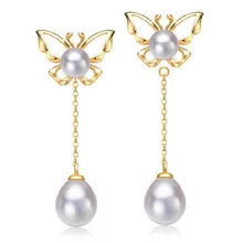 ASHIQI Real pura plata esterlina 925 Pendientes mariposa Pendiente de Perlas de Agua Dulce Naturales pendientes de perlas de doble Para Las Mujeres 2016 Nuevo