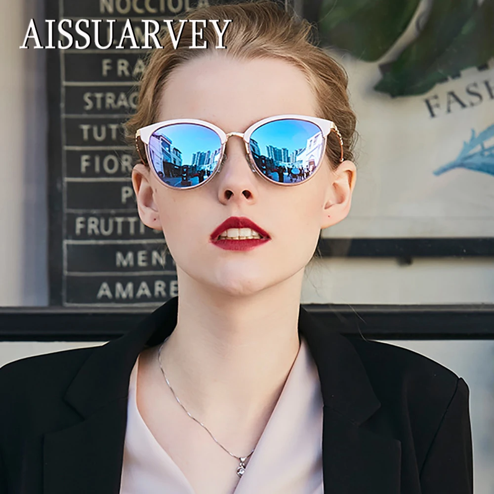 19 酢酸ファッション女性のための最高品質の女の子女性ブランドデザイナーキャッツアイ金属ミラー高級メガネ サングラス Aliexpress