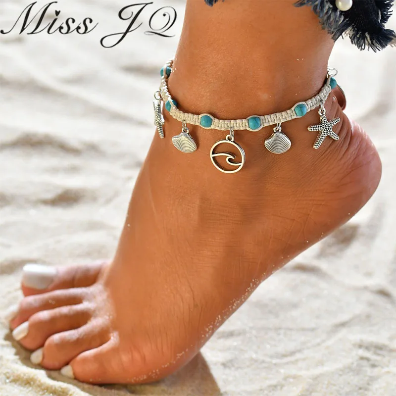 Miss JQ Bohemian Multiple Layers Starfish Wave Beads Anklets For Women