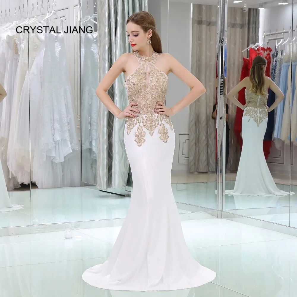 

New Fashion 2018 Robe de soiree Halter Gold Lace Applique Beaded Sleeveless Formal Mermaid Evening Gown Real Sample