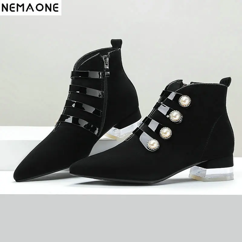 

NEMAONE Women 4cm High Heels Ankle Boots Genuine Leather poined Toe Party Wedding Shoes Woman Female Basic Boots