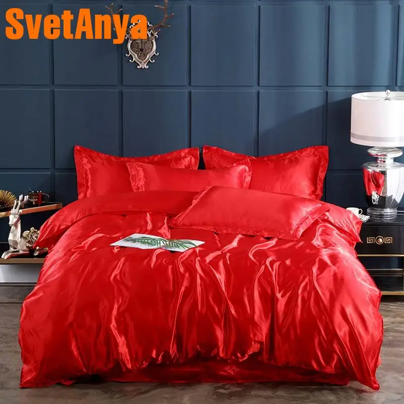 

Svetanya silky red Bedding Set (flat bedsheet +pillowcase+Blanket cover) 4in1 Bed Linens