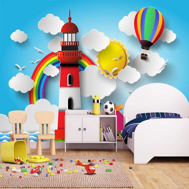 

Photo Wallpaper 3D Stereo Blue Sky And White Clouds Rainbow Hot Air Balloon Cartoon Mural Kid's Room Kindergarten Decor Fresco
