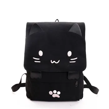 

2018 new Cute Cat Canvas Backpack Cartoon Embroidery Backpacks For Teenage Girls School Bag Casual Black Printing Rucksack