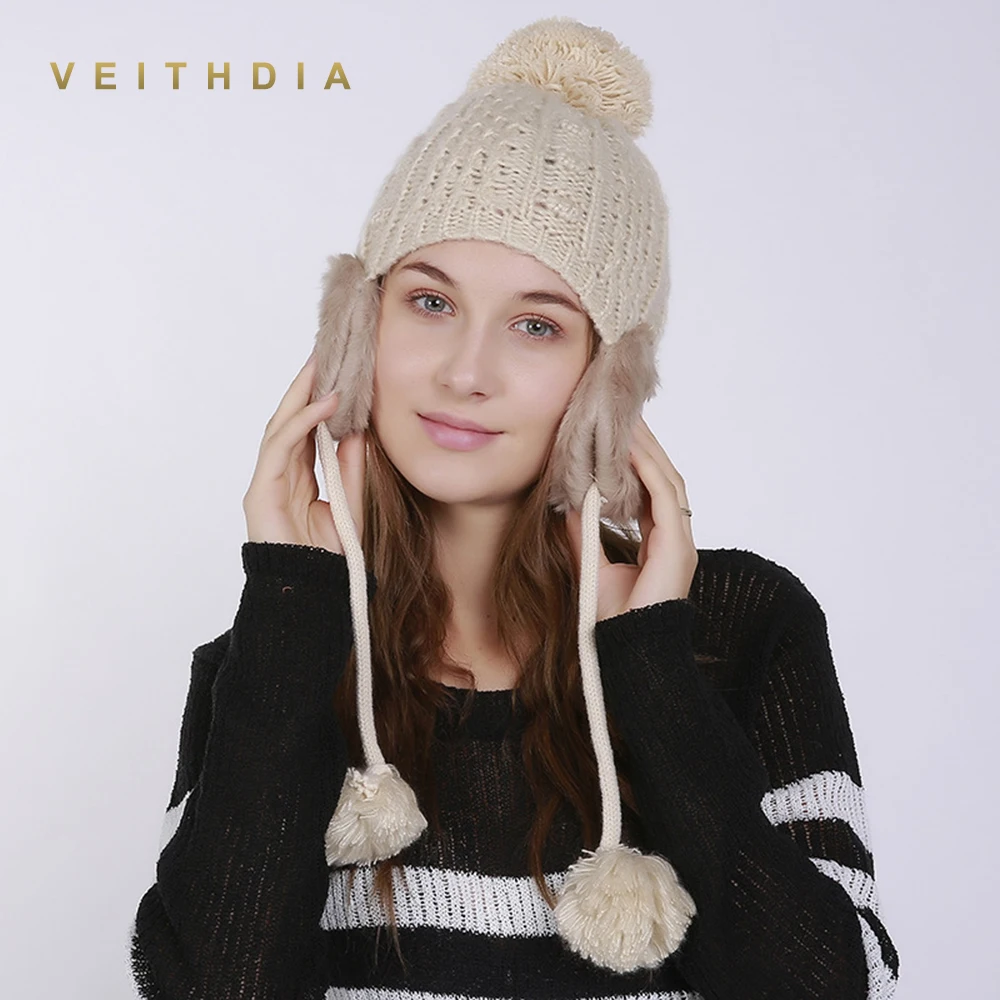 Зимняя женская шапка бомбер VEITHDIA плотная вязаная ушанка для девушек теплая с