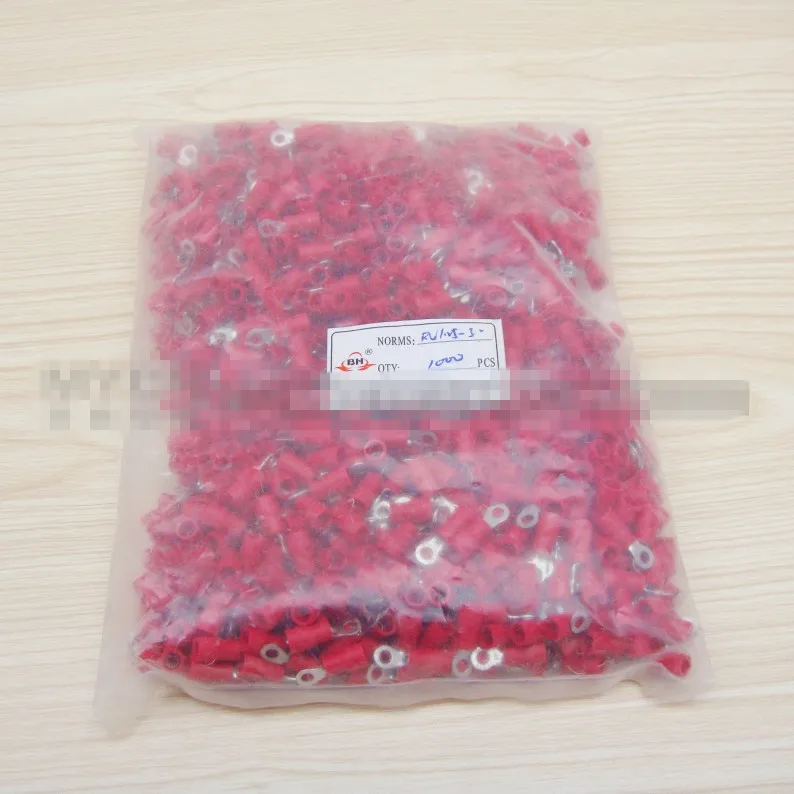1000pcs/lot RV1.25-5 Insulated Ring Terminals Electrical Crimp Connectors