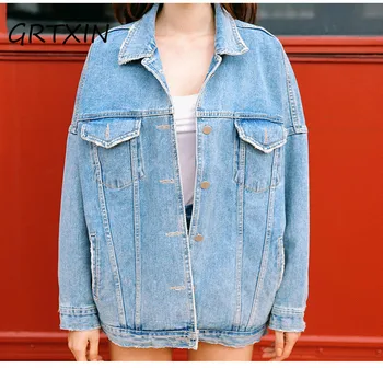 

Women Basic Coats Spring Summer Ripped Denim Jacket Femme Vintage Long Sleeve Jeans Jacket Bomber Casual Coat