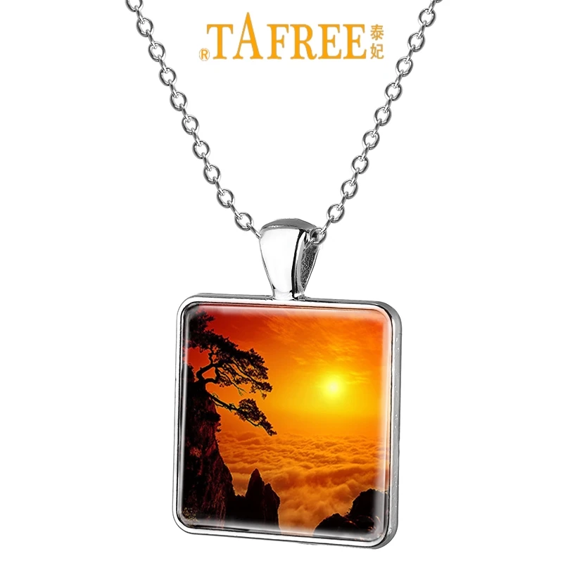

TAFREE Trendy Lushan Mountain Chinese Scenery Square Necklace Art Picture Glass Dome Fashion Pendant Necklace Chain Jewelry LS23