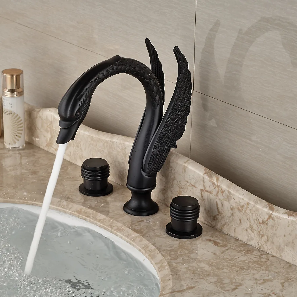 High end Widespread 3 Holes Bathroom Mixer Tap Deck Mount Dual Handles Basin Faucet Swan Shape