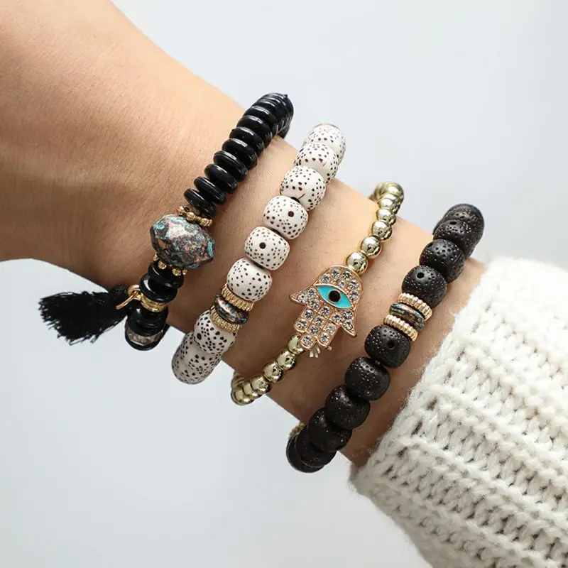 

Set Of 4 Evil Eye Fatima Hamsa Hand Wood Beads Bangle Bracelets Lucky Jewelry