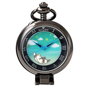 

Retro Lovely Moon Background Transparent Roman Numerals Mechanical Pocket Watch Necklace Pendant Chain Men Women Child Gifts