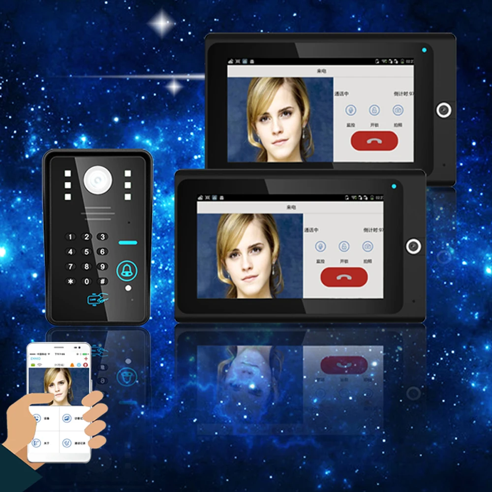 Popular 7" 2 Monitor WiFi Wireless RFID Password Video Door Phone