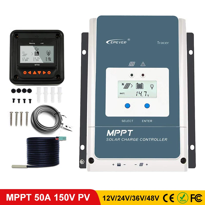 

EPever 50A MPPT Charge Controller 48V/36V/24V/12V Max 150V 2500W Input Negative Ground Fit AGM Sealed Gel Flooded Battery LCD