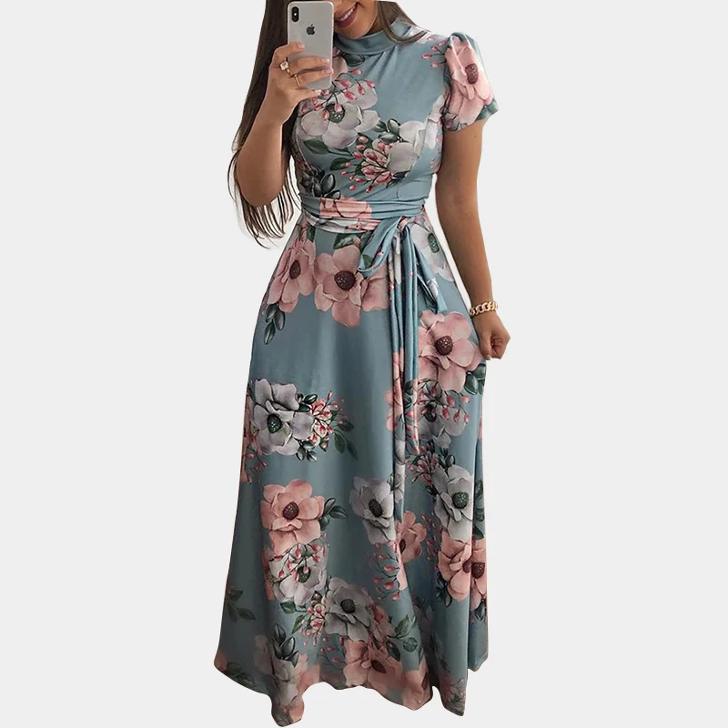 

Bohemian Maxi Summer Long Dress Flower Print Casual Women Dress Big Swing Elegant Fashion Ladies Dresses Party Club Vestidos