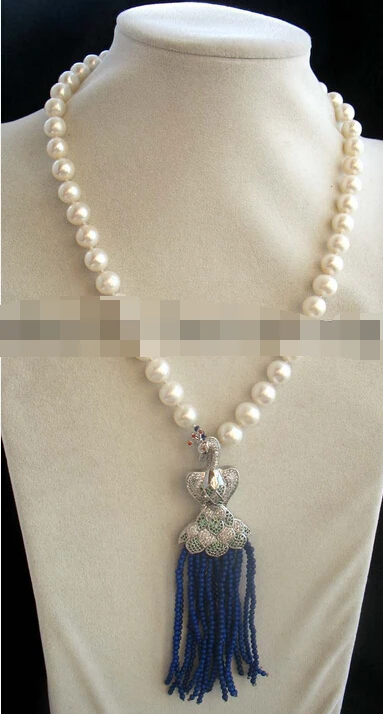 

08149 freshwater pearl white round &lapis lazuli peafowl clasp necklace