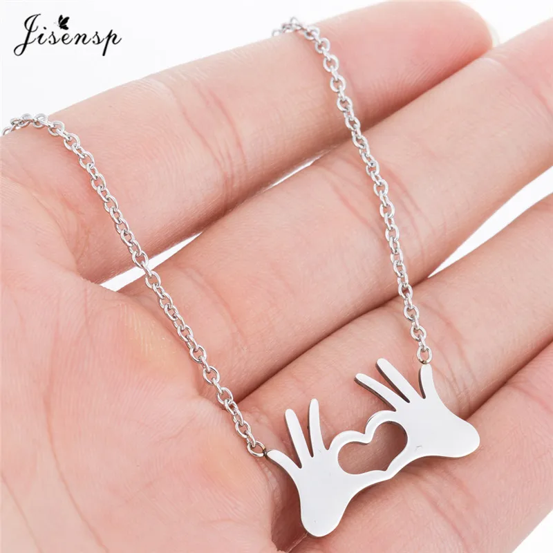 

Jisensp Double Hand OK Gestures Necklace Stainless Steel Friendship Jewelry Small Love Heart Necklaces Pendants collier femme