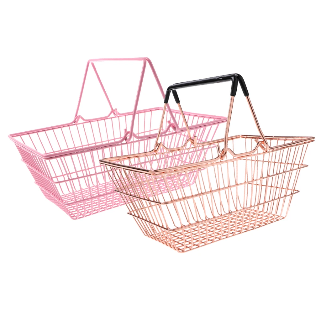 2pcs Kids Mini Metal Supermarket Shopping Basket For Kitchen Fruit Vegetable Food Grocery Storage Pretend Play Tools Toy Gifts