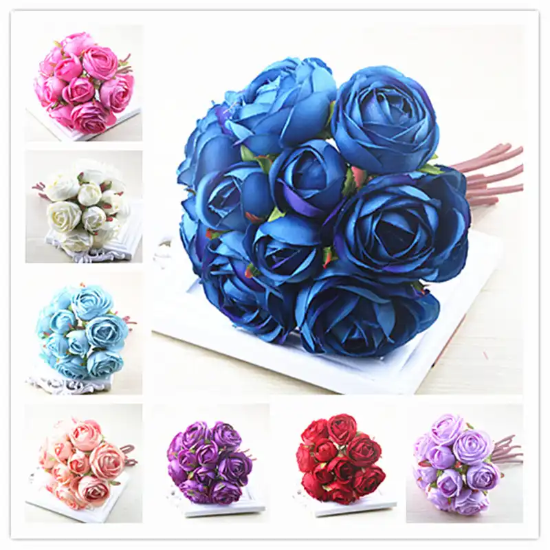 Royal Blue Soft Silk Rose Flower Bouquet 10 Stems Artificial