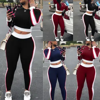 

Fashion Women 2Pcs Clothes Set Stripe Long Sleeves Crop Top + High Waist Skinny Long Pant Tracksuits Sets