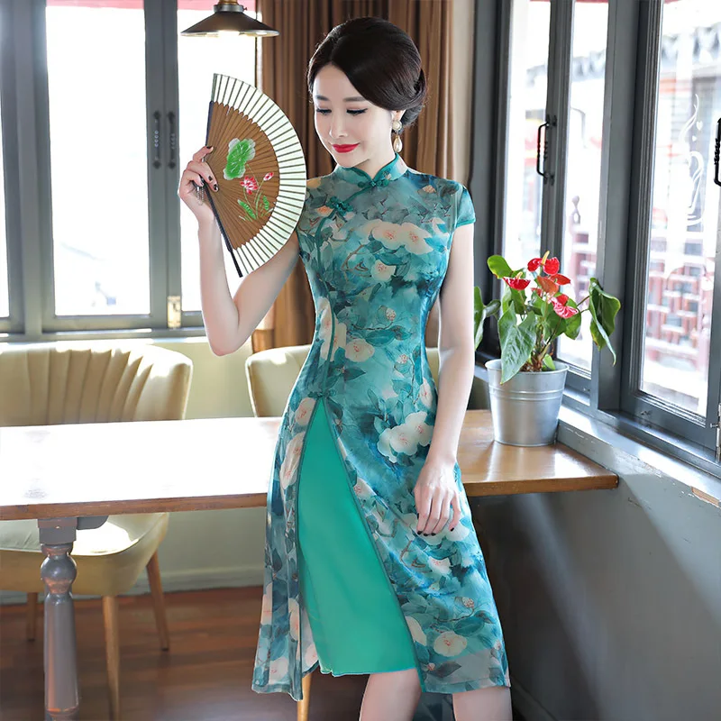 Новое поступление, элегантное женское платье Чонсам с цветочным принтом, короткое платье в китайском стиле, женское тонкое платье с воротником-стойкой, Qipao, размеры S-3XL