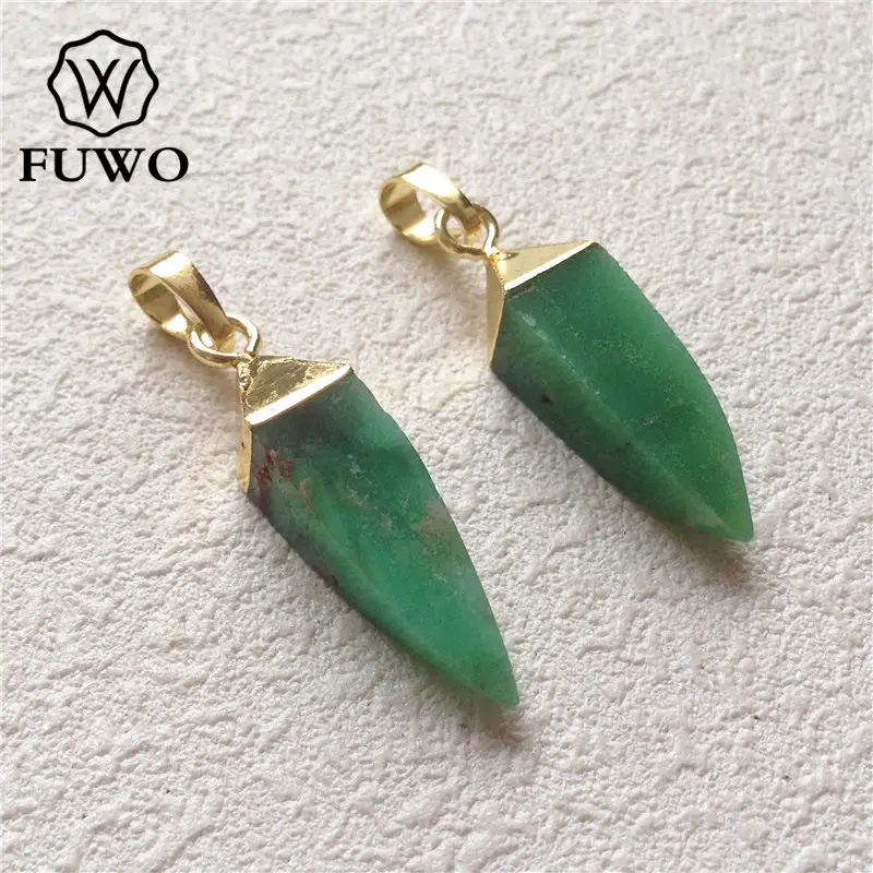 

FUWO Wholesale Chrysoprase Point Pendant With 24K Gold Filled Cap High Quality Natural Green Jades Pendants For DIY Making PD201