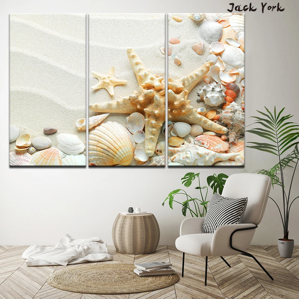 

Canvas Painting Beach shells and starfish 3 Pieces Wall Art Painting Modular Wallpapers Poster Print for living room Home Decor