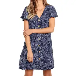 Мода 2019 г. V образным вырезом с цветочным принтом платья для женщин летние повседневное для оборками кнопка платье короткий рукав