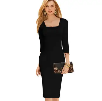 

Club Solid Sexy V Behind New Sale Women Elegant Square Neck Tunic Wear To Work Business Casual Party Stretch Pencil Sheath Dress