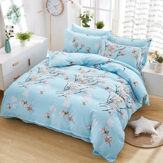 Solstice Home Textile Dark Blue Flower Duvet Cover Pillowcase Stripe