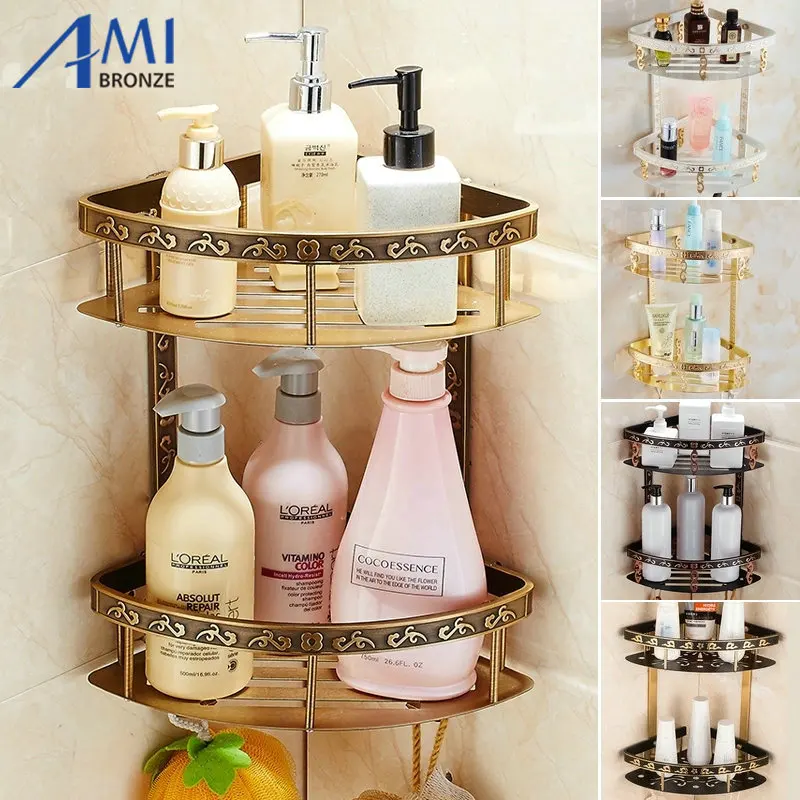 Carved Aluminum Alloy Bathroom Shelf Wall Mounted Basket Bathroom