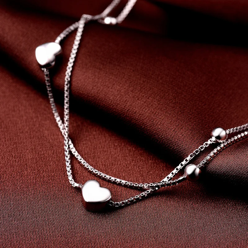 Чистого серебра 925 пробы серебряный браслет на ногу Для женщин Двойные Браслеты на ногу Love Роскошные ювелирные изделия