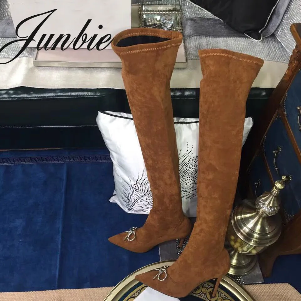 

JUNBIE Khaki Genuine Leather Bowtie Gladiator Over The Knee HIgh Thigh High Boots Sexy pointed Toe 8CM Thin HIgh Heel Boots