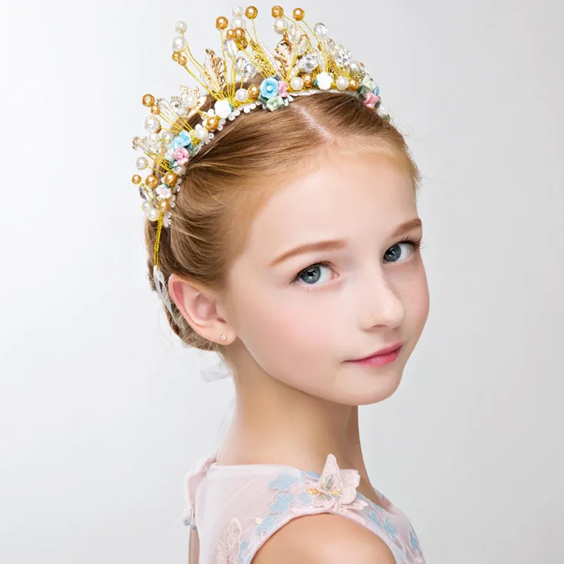 Children's Crown Headdress Princess Girl Crown Headband Cute Crown Crystal Flower Wedding Party Accessories Photography Props - Цвет: D