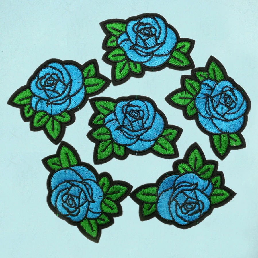 Blue Rose Embroidered Iron On Patch Dress Jeans Flower Embroidery Badge Motif