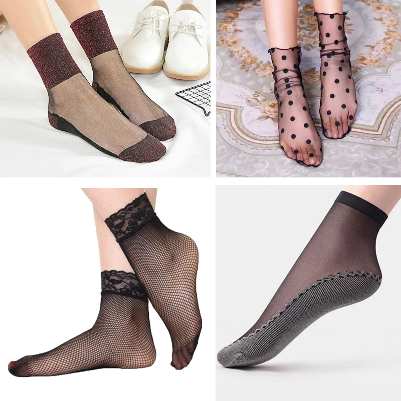 

1/3/4/5 Pair Transparent Socks Women Fishnet Ultrathin Crystal Elastic Short Socks Breathable Fishnets Socks Summer Chausettes