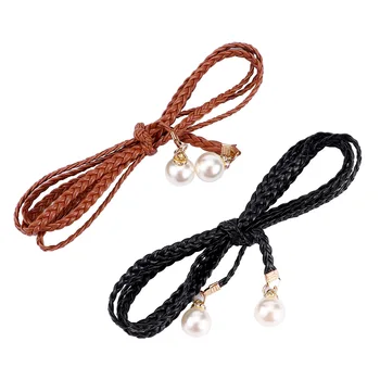 

Fashion Women Retro Pearl Knited Lace Wide Belt Bow Clasp Front Stretch Waist Strap Skinny Elastic Waistband Chain Belts
