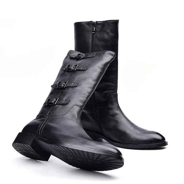 2017 Latest Mens Itlian Mid calf Boots Genuine Leather Buckle