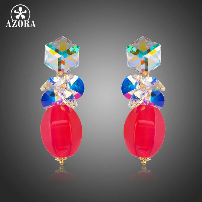 AZORA New Arrival Sparking Colorful Cube and Round Stellux Austrian Crystal Drop Earrings TE0272