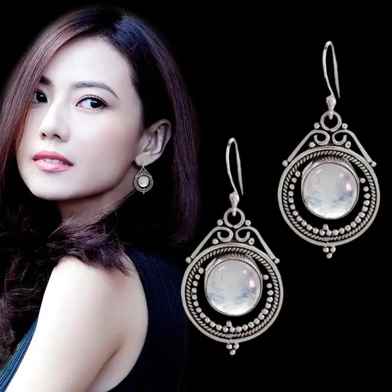 

Natural Moonstone Drop Earrings For Women Vintage Elegant Crystal Silver Oval Shaped Dangle Earring Statement Jewelry Dropship