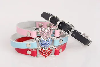 

Free Shipping Pet Collars Puppy Cat Dog Supplies Rhinestones Bling Leather Buckle Crystal heart Collars Mix colors 2 Size