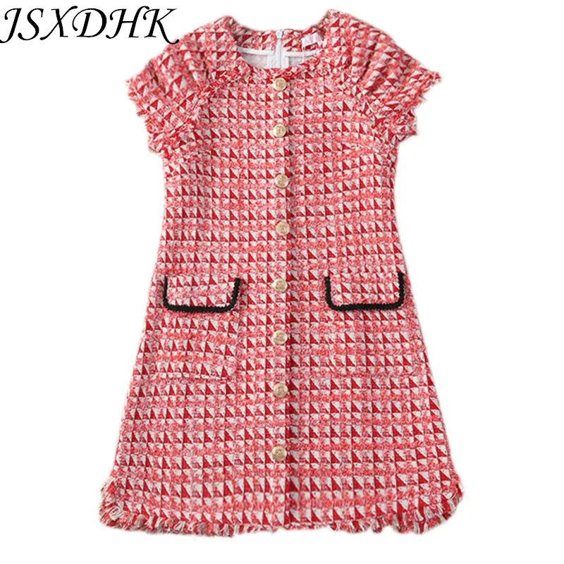 

JSXDHK Autumn Winter Red Palid Tweed Loose Dress 2018 Runway Women Short Sleeve Tassel Single Breasted Ladies Casual Dresses