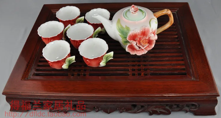 Цветной эмалированный фарфоровый чайный набор кунг-фу Высококачественный 1 чайник 380 мл+ 6 чайных чашек 50 мл для свадебного подарка