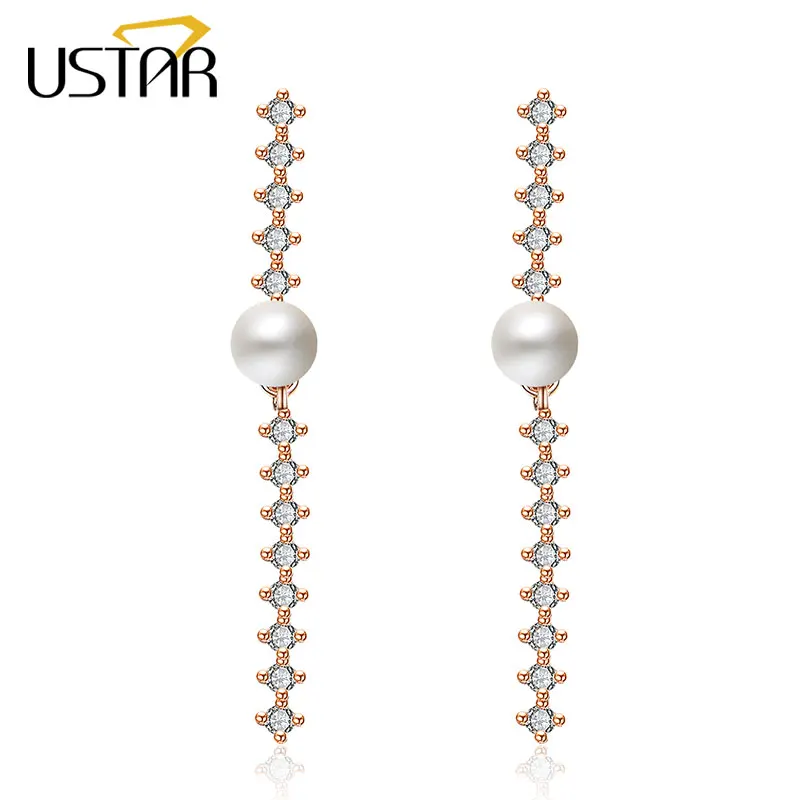 

AAA Zircon Crystals Long Stud Earrings for Women Rose gold color imitation pearl Fashion Jewelry Earrings female Ear brincos